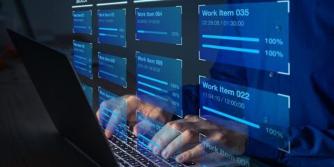 Agile software development with developer using Kanban board framework methodology on computer. Devops team, lean project management tool for fast changes, incremental work, iterative process.